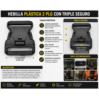 Hebilla Táctica  Triple Seguro Plástico 2 PLG -2 Pz. Negro Liso 2