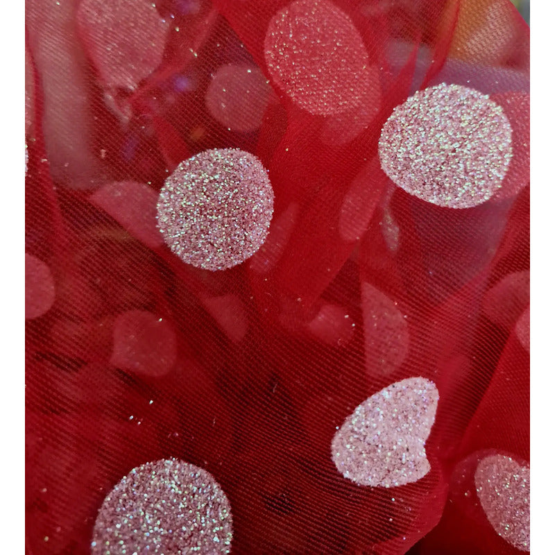 Tela  Mesh Tricot Con Glitter ( 1 Metro) Rojo Bolas Blancas