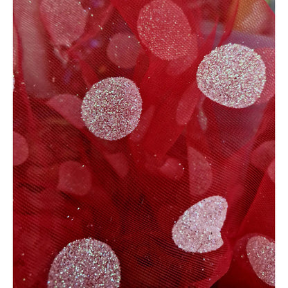 Tela  Mesh Tricot Con Glitter ( 1 Metro) Rojo Bolas Blancas