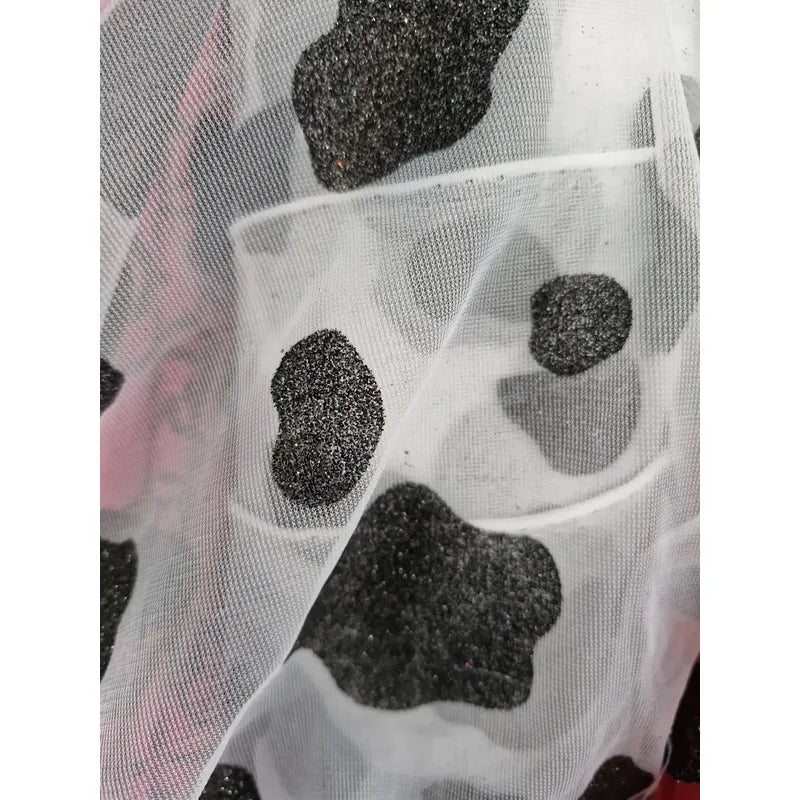 Tela  Mesh Tricot Con Glitter ( 1 Metro) Blanco Manchas Negras